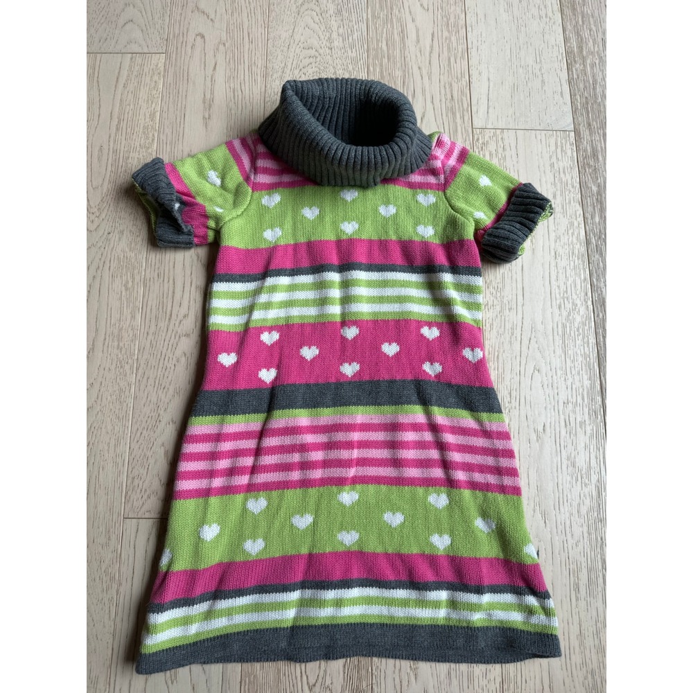 Gymboree Girls Pink Green Heart Stripe Turtleneck Sweater Dress Size 5